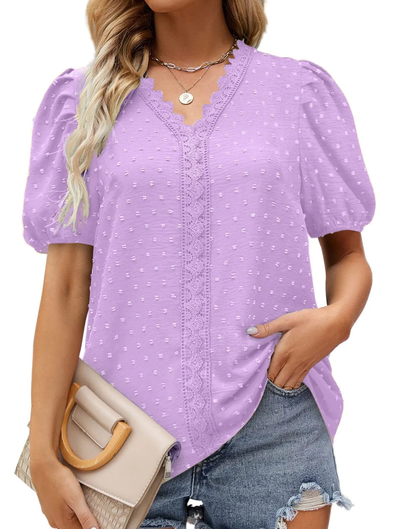 Puff Sleeve Swiss Dot Lace Trim Blouse