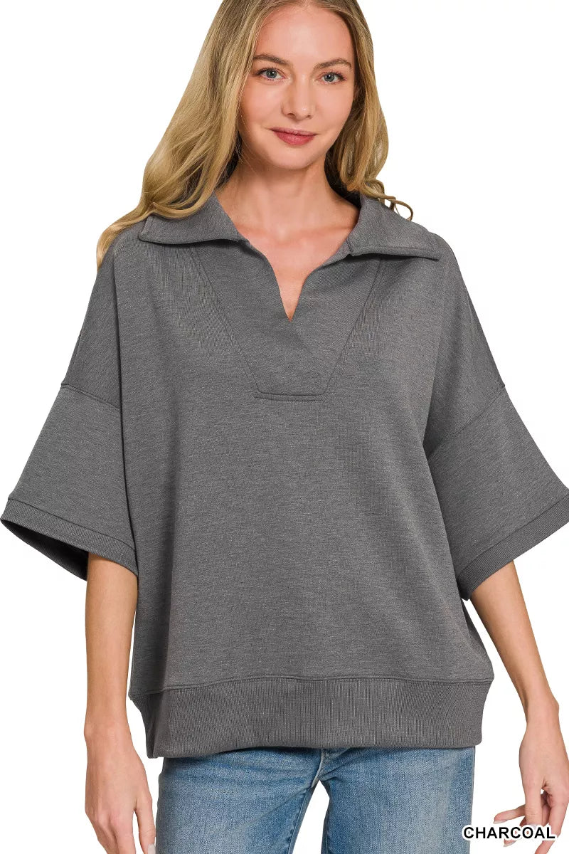 Zenana Scuba Collared Short Sleeve Pullover