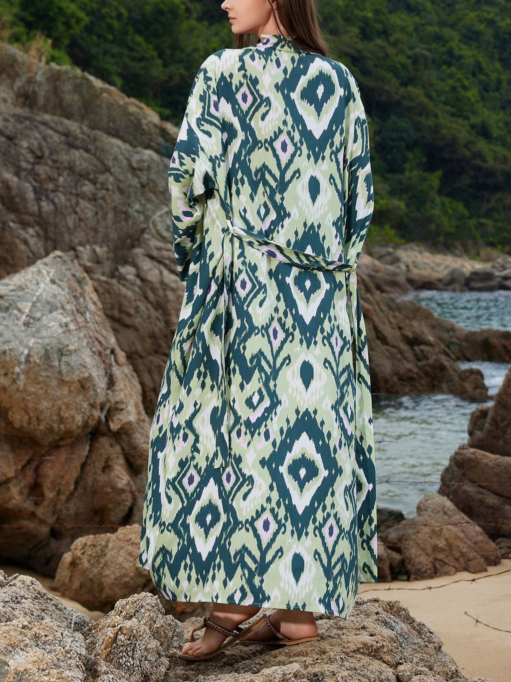 Boho Print Long Sleeve Beach Cover-Up