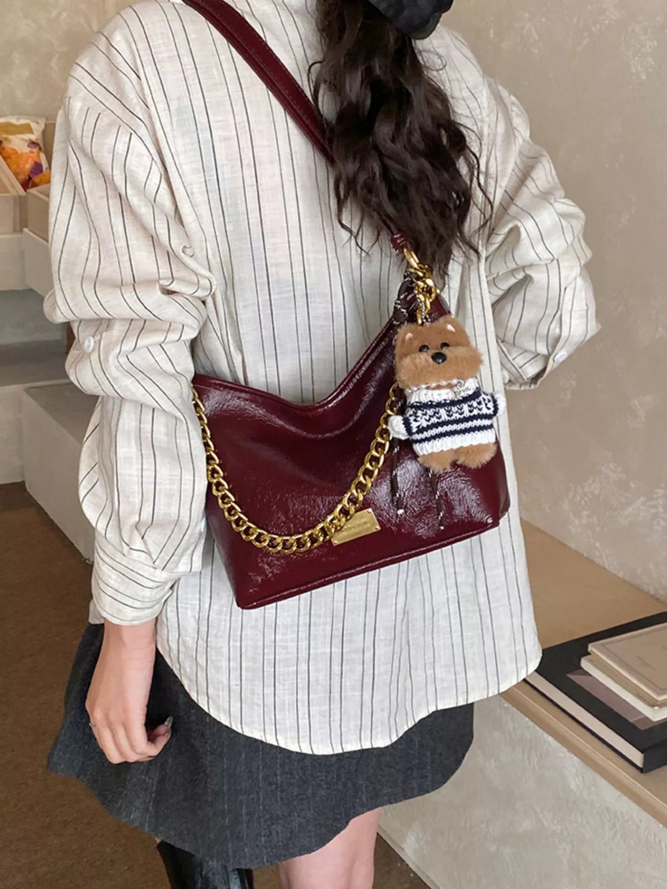 Chain Decor Shoulder Bag with Bear Charm