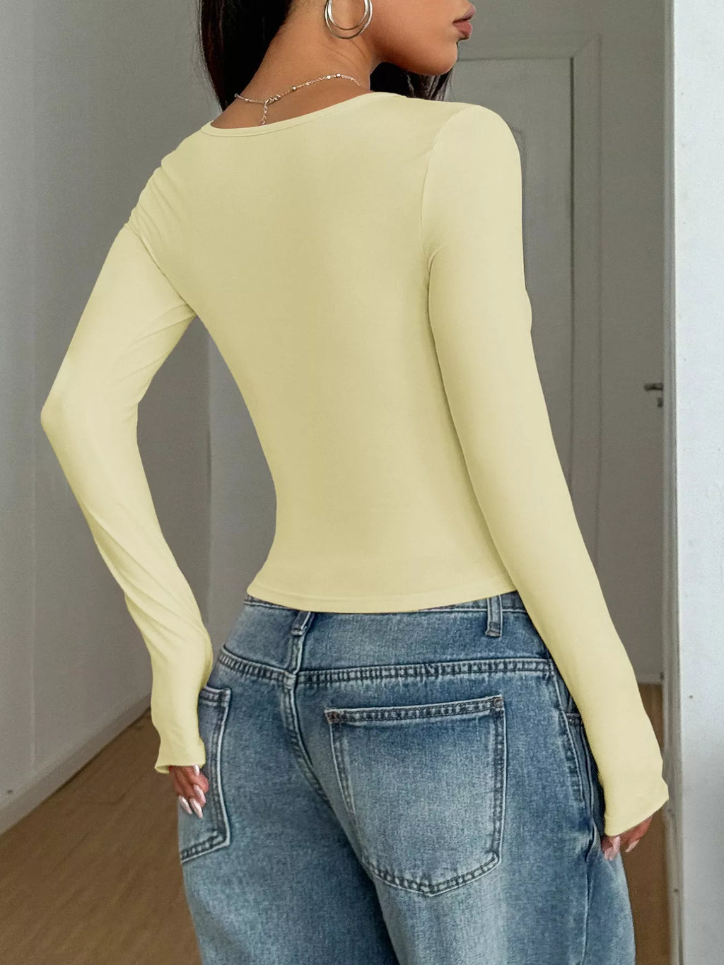 Solid Color Square Neck Long Sleeve Slim Fit T-Shirt