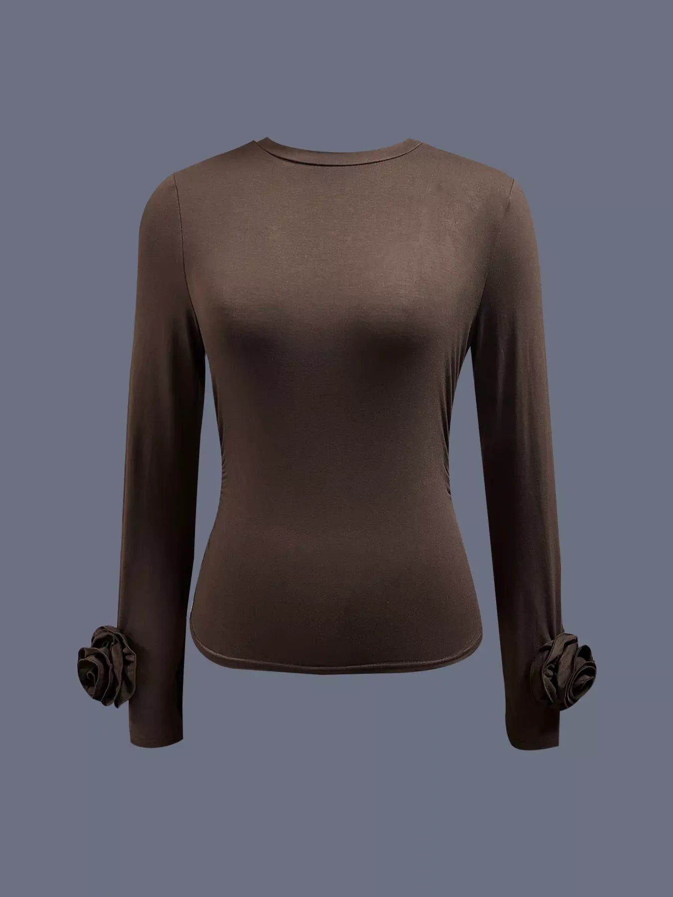 Ruched Long Sleeve T-Shirt with Floral Cuff Detail