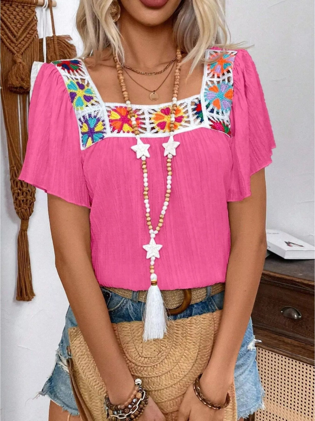 Embroidered Square Neck Flutter Sleeve Blouse