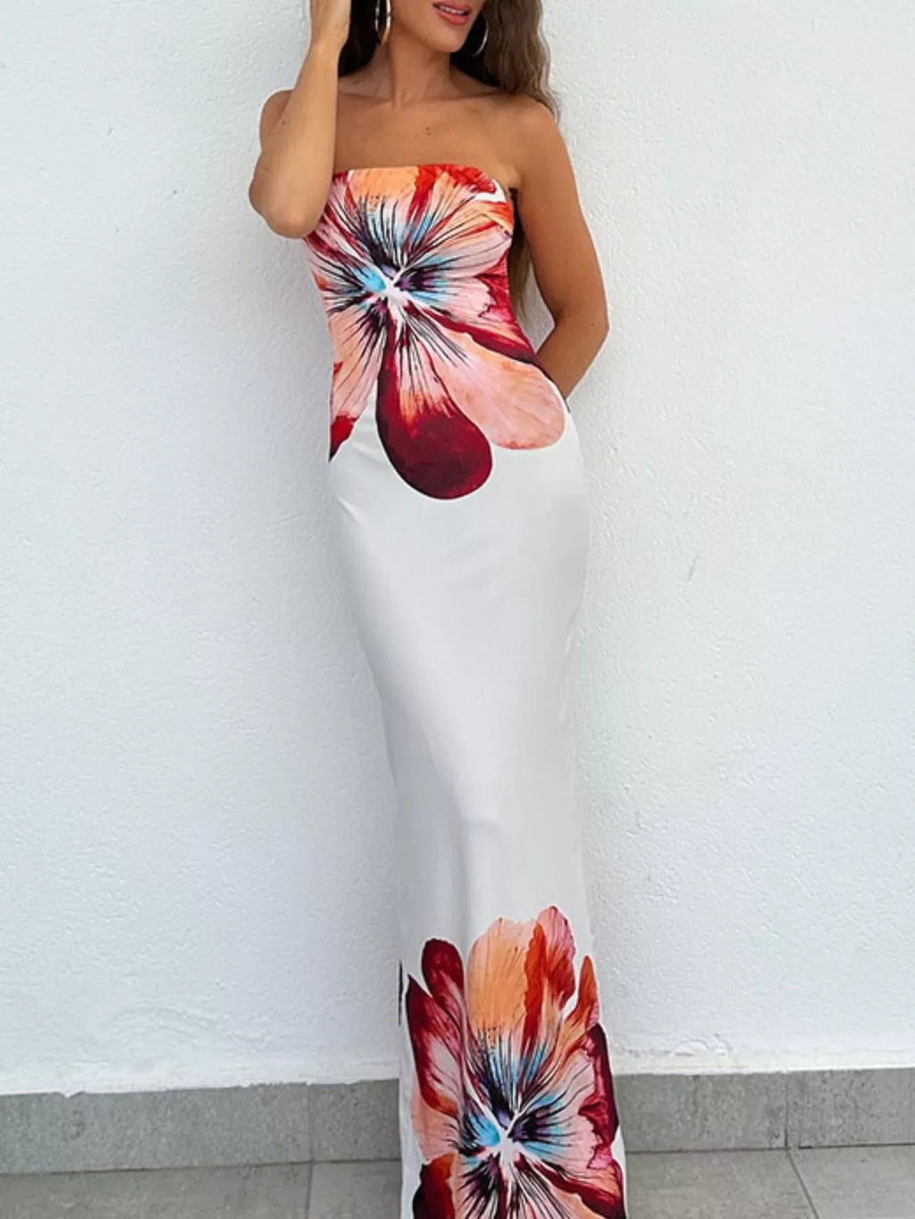 Floral Print Strapless Bodycon Maxi Dress