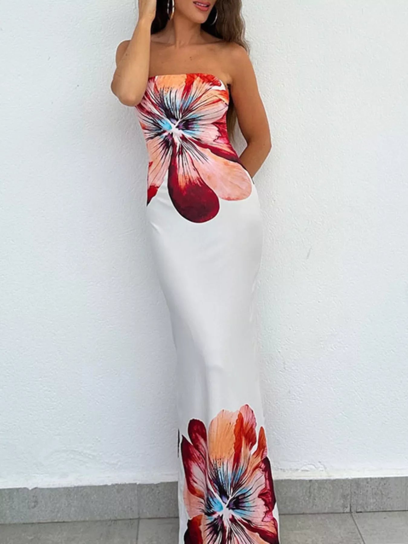 Floral Print Strapless Bodycon Maxi Dress