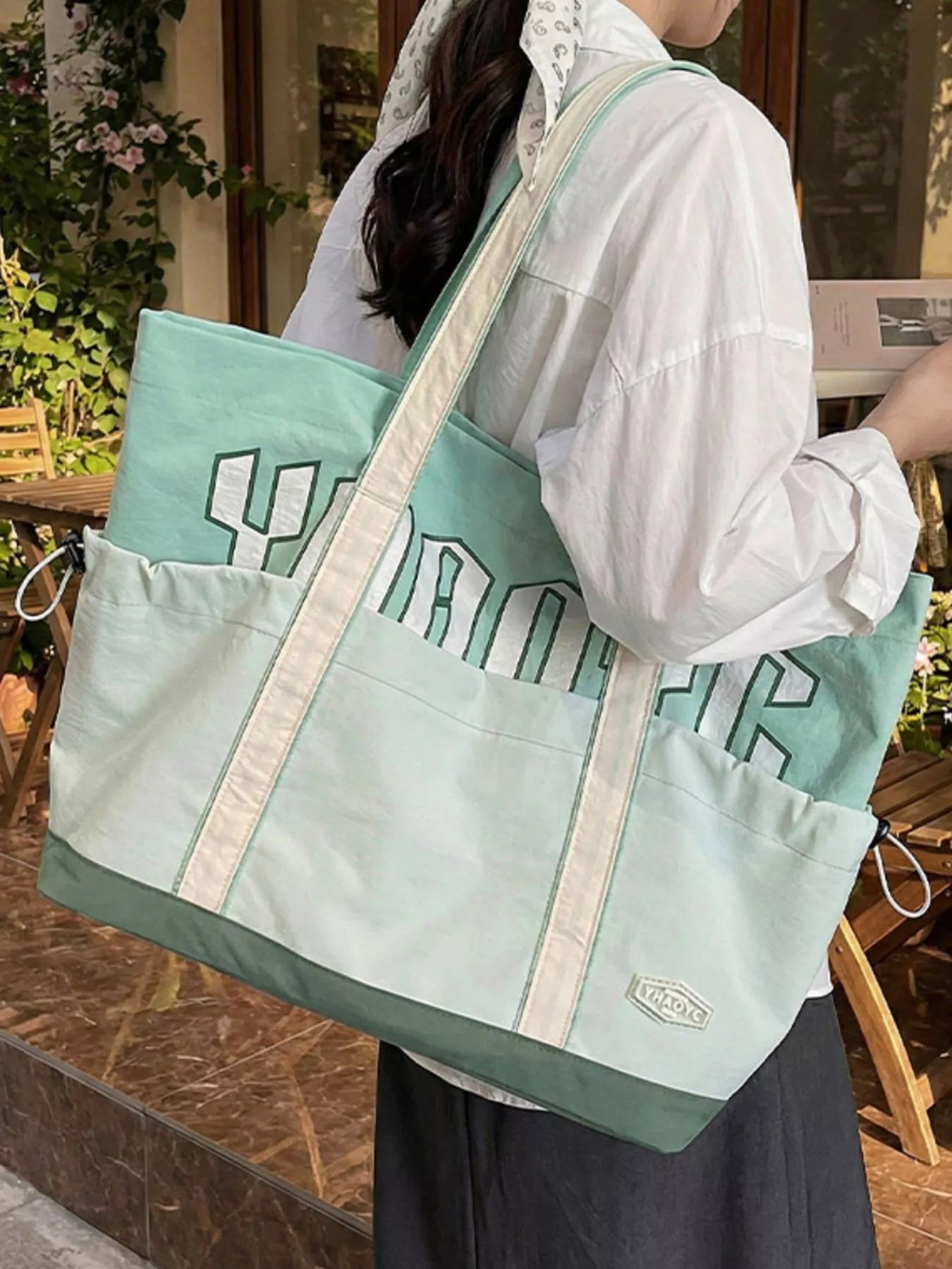 Drawstring Letter Shoulder Bag