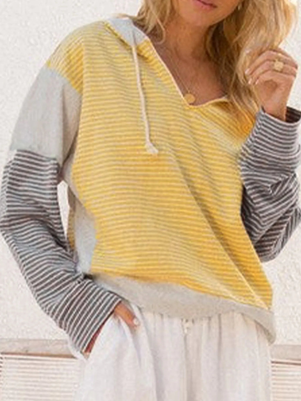 Striped Color Block Hoodie with Drawstring