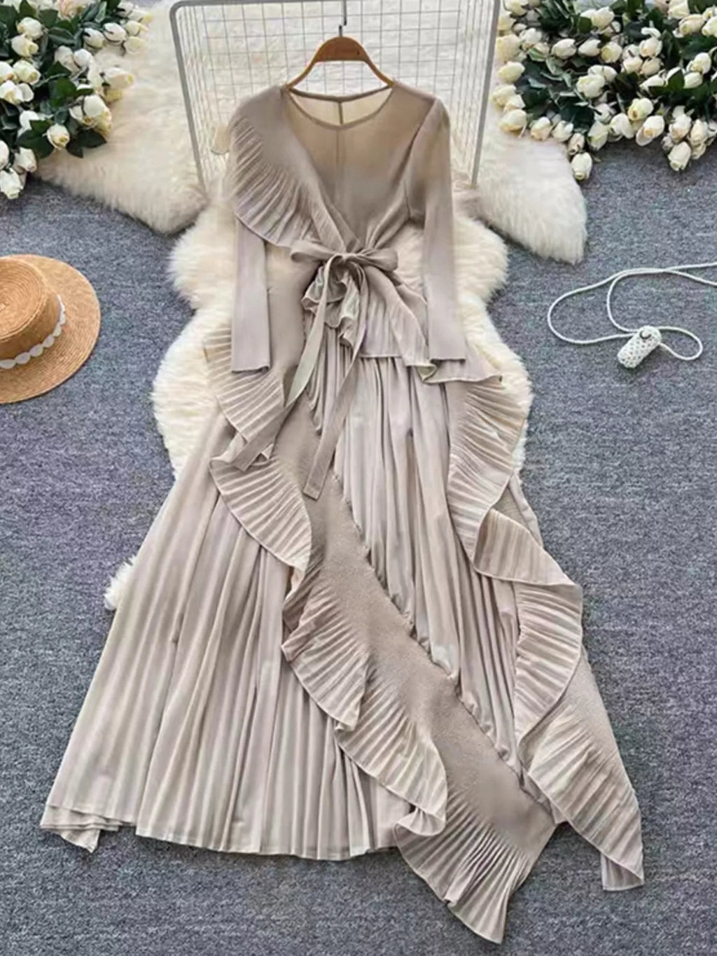 Ruffle Trim Pleated Midi Dress