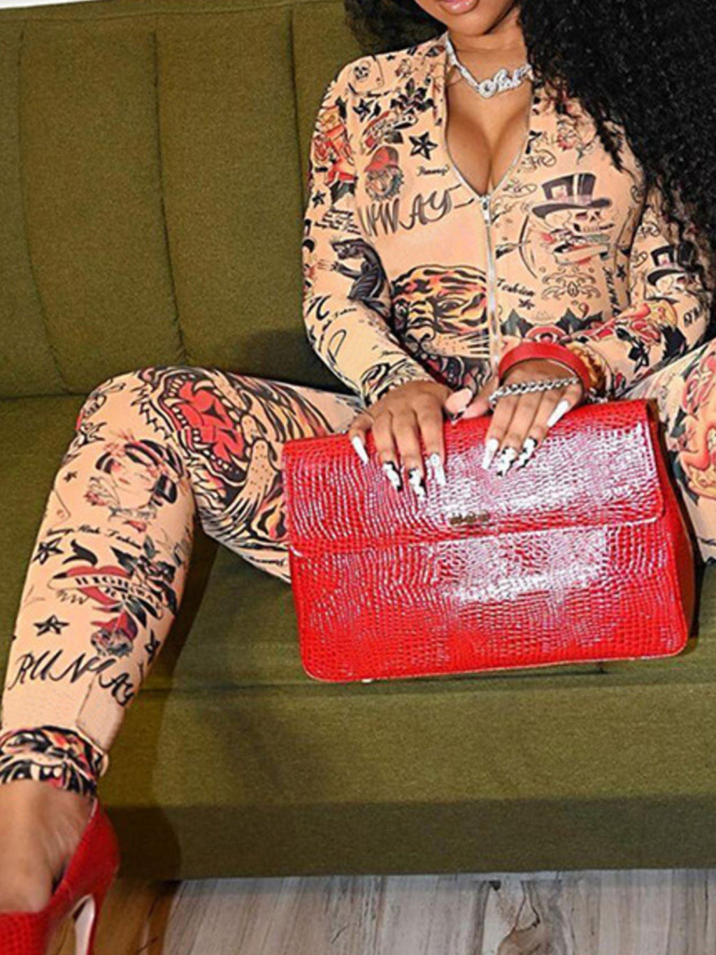 Printed Zip Front Long Sleeve Jumpsuit