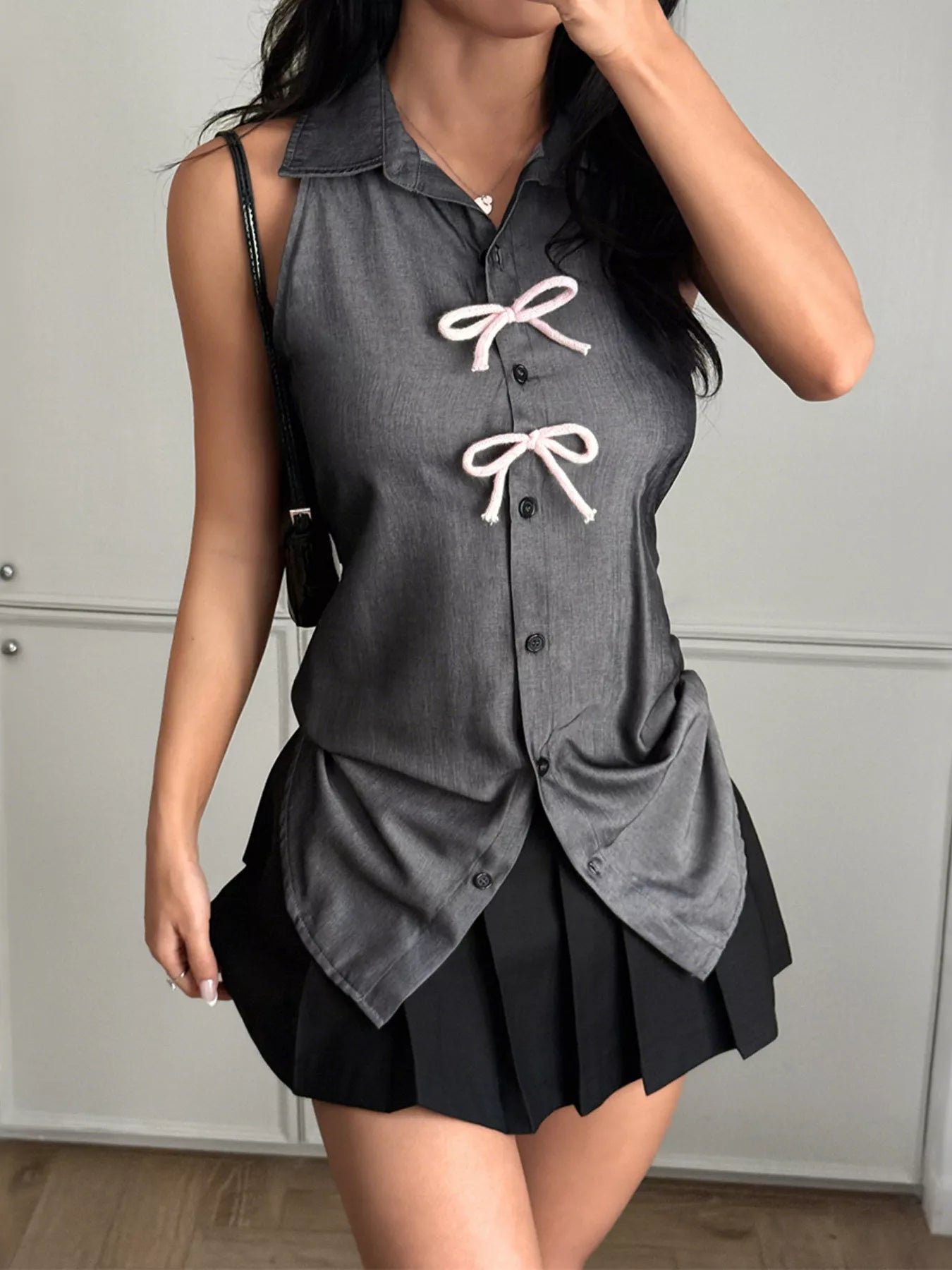Button Down Sleeveless Shirt with Bowknot