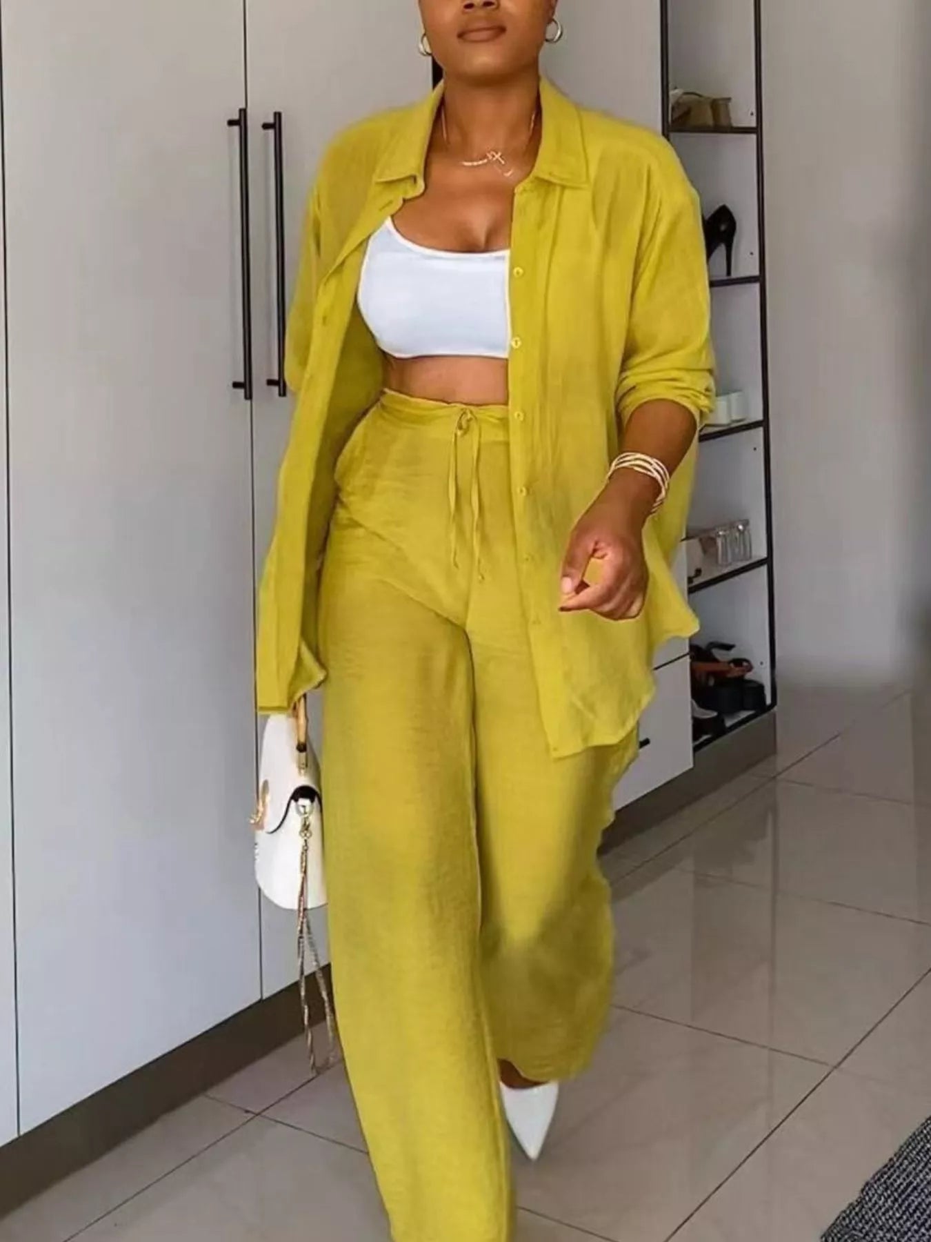 Tie-Front Top and Wide Leg Pants Set