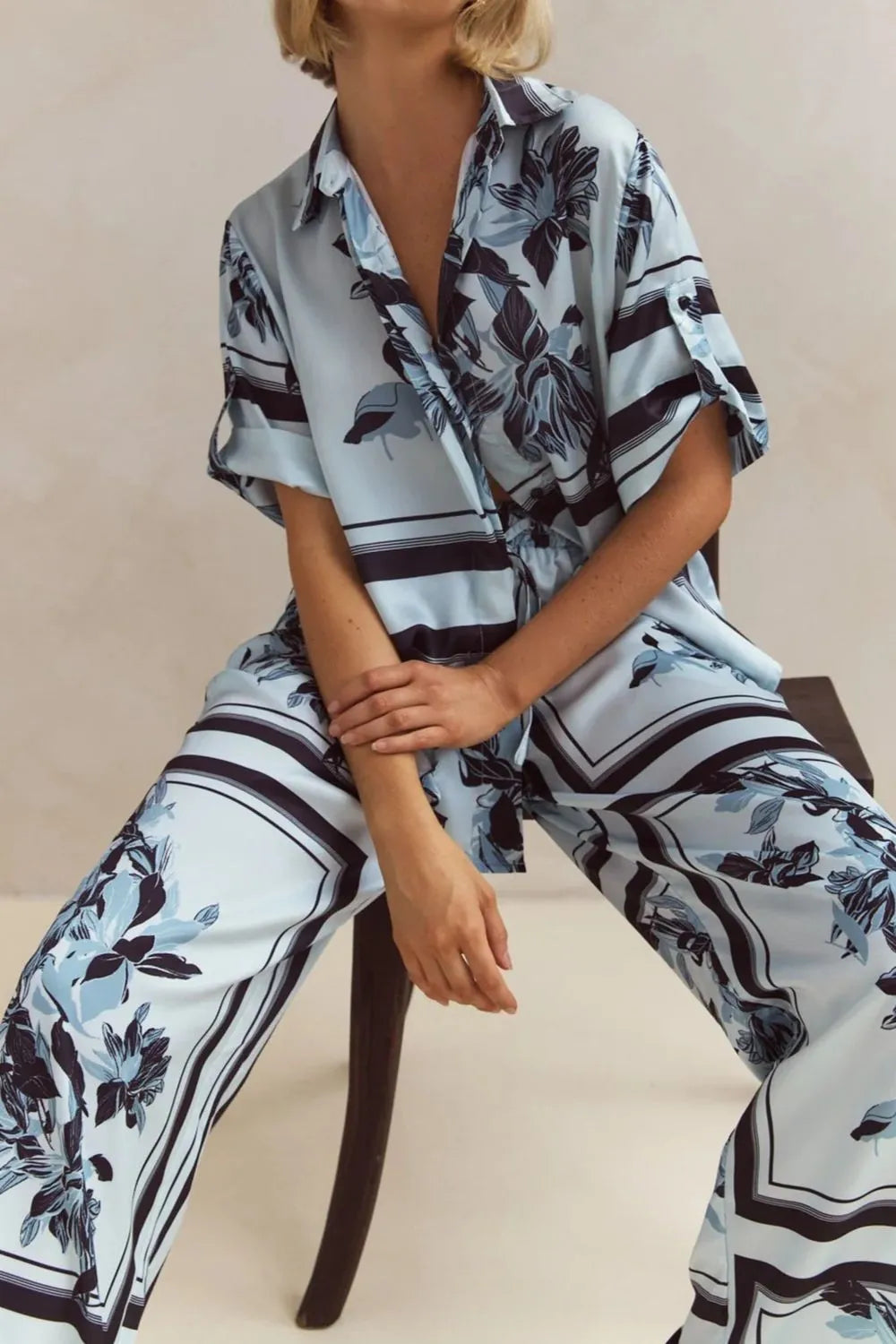 Printed Button Up Shirt and Pants Set