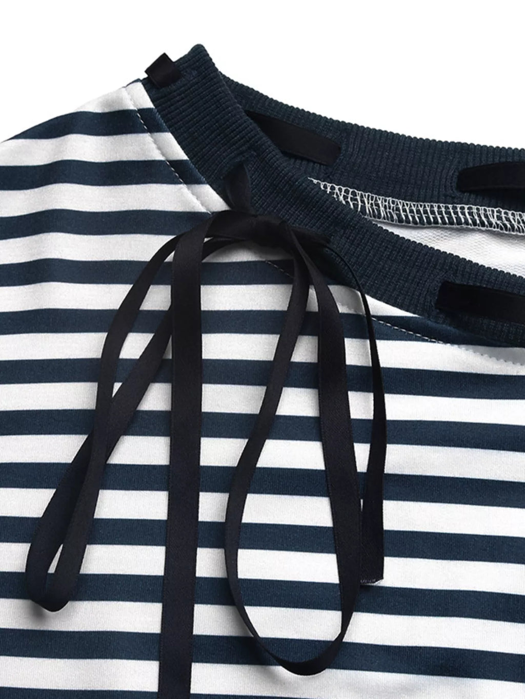 Striped Off-Shoulder Ribbon Accent Sweatshirt