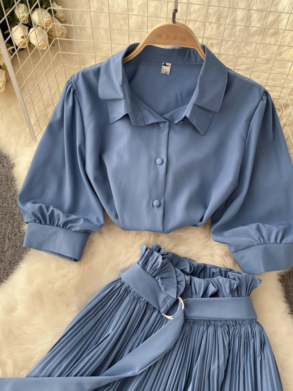 Puff Sleeve Shirt and Pleated Skirt Set