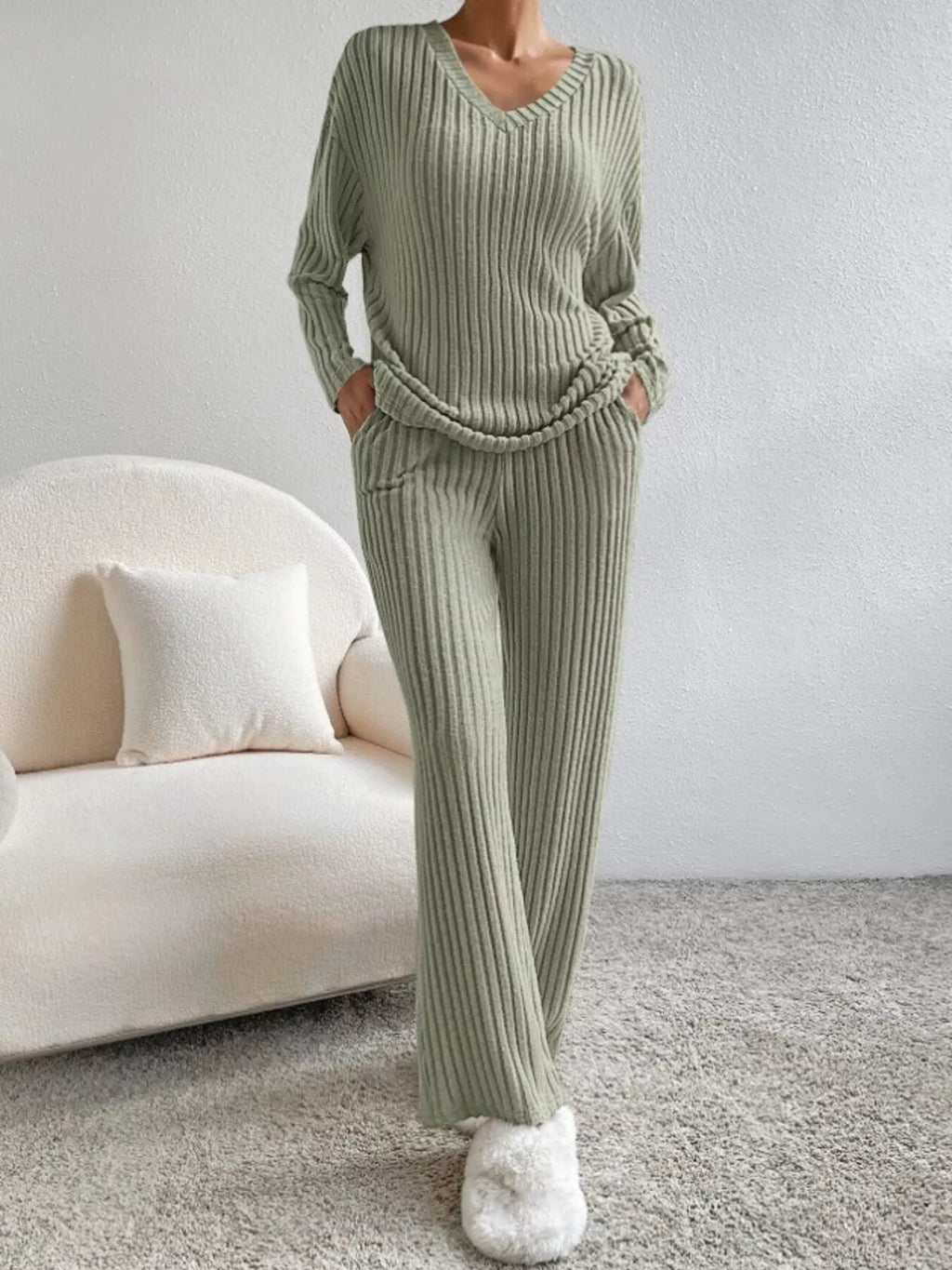 Ribbed Knit V-Neck Top and Pants Set
