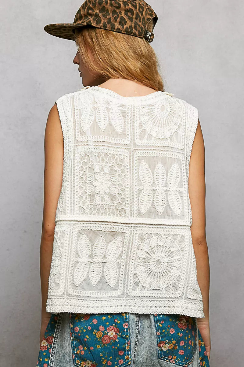 POL Lace Trim Embroidered Floral V-Neck Crochet Vest