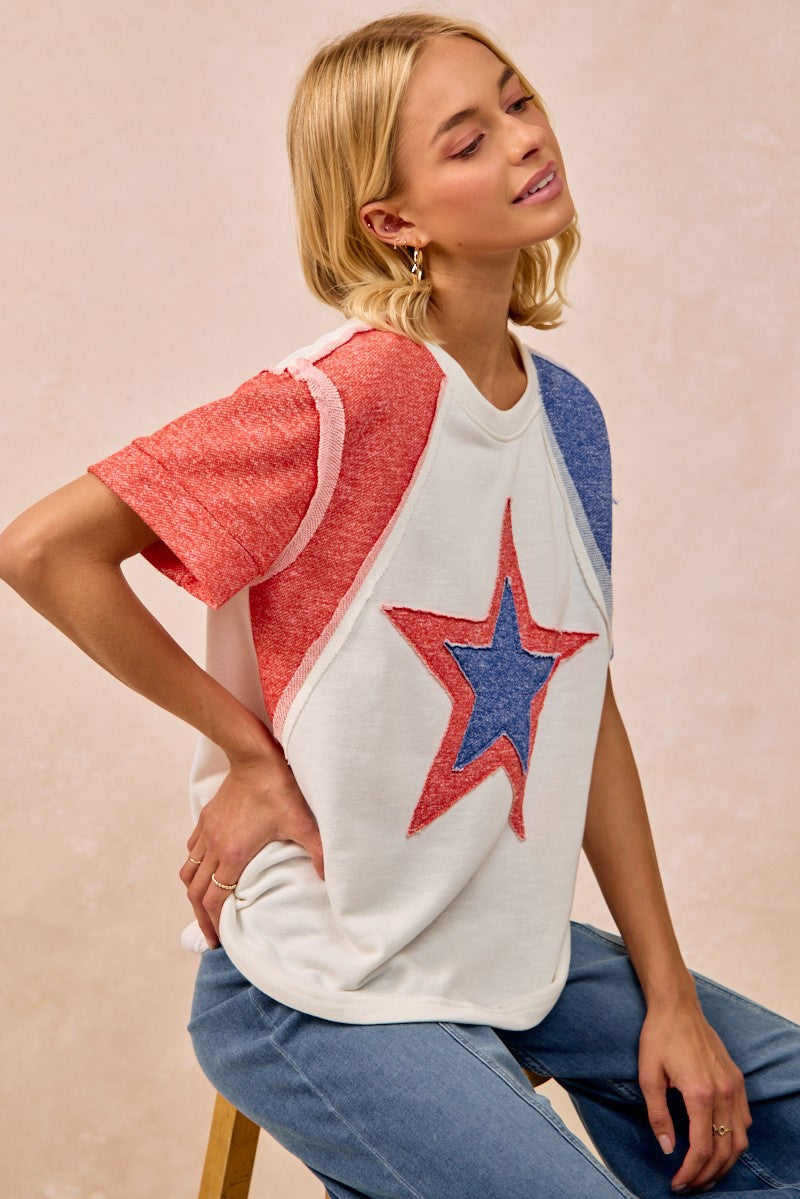 BiBi Contrast French Terry Cut Edge Detail Fourth Of July Theme T-Shirt