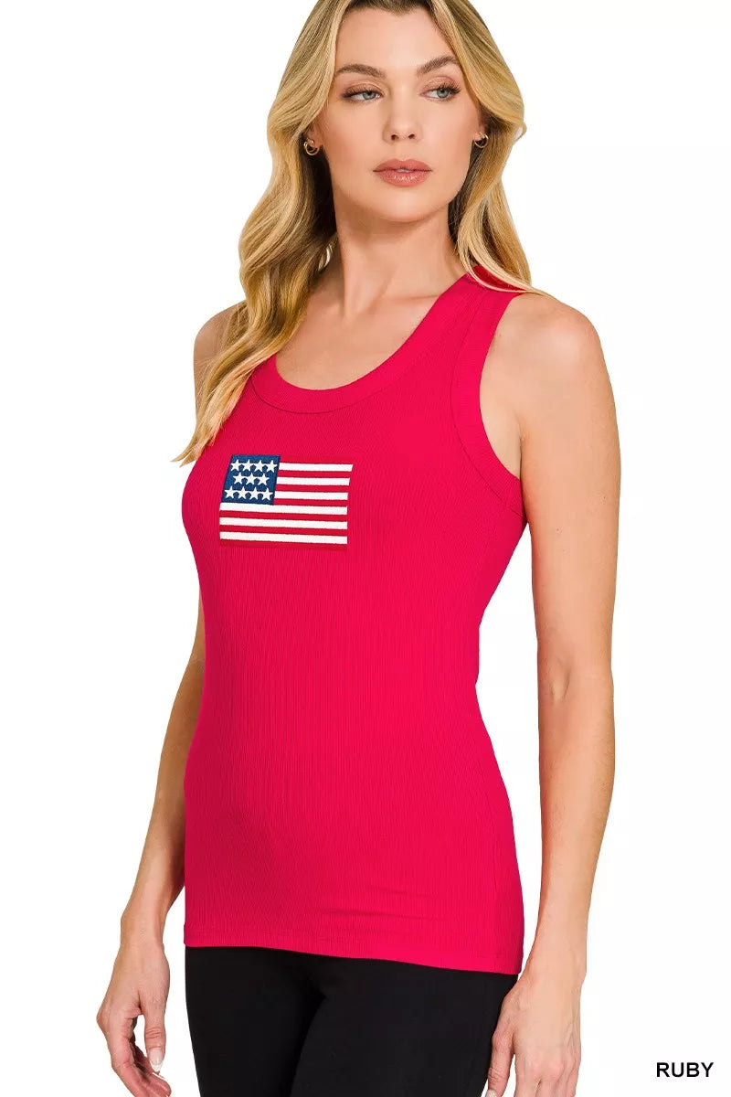 Zenana Ribbed American Flag Scoop Neck Tank Top