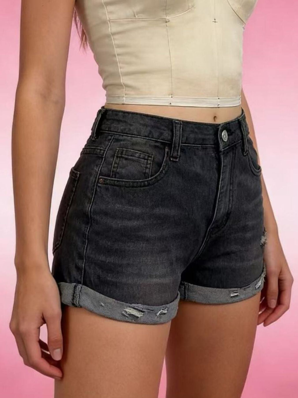 Distressed Denim Roll-Up Shorts