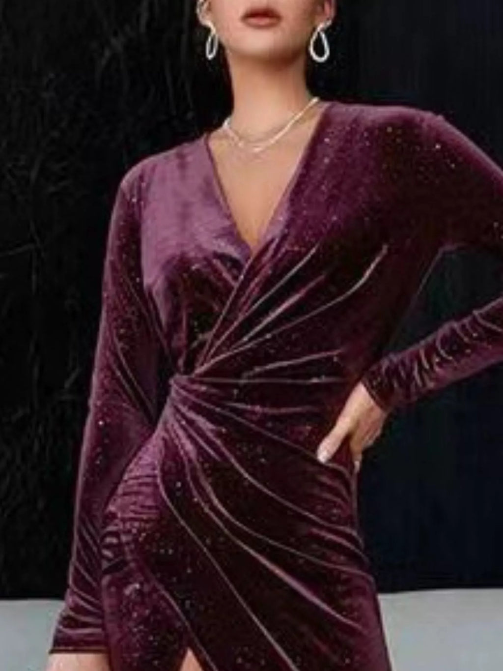 Velvet Ruched Slit Midi Dress