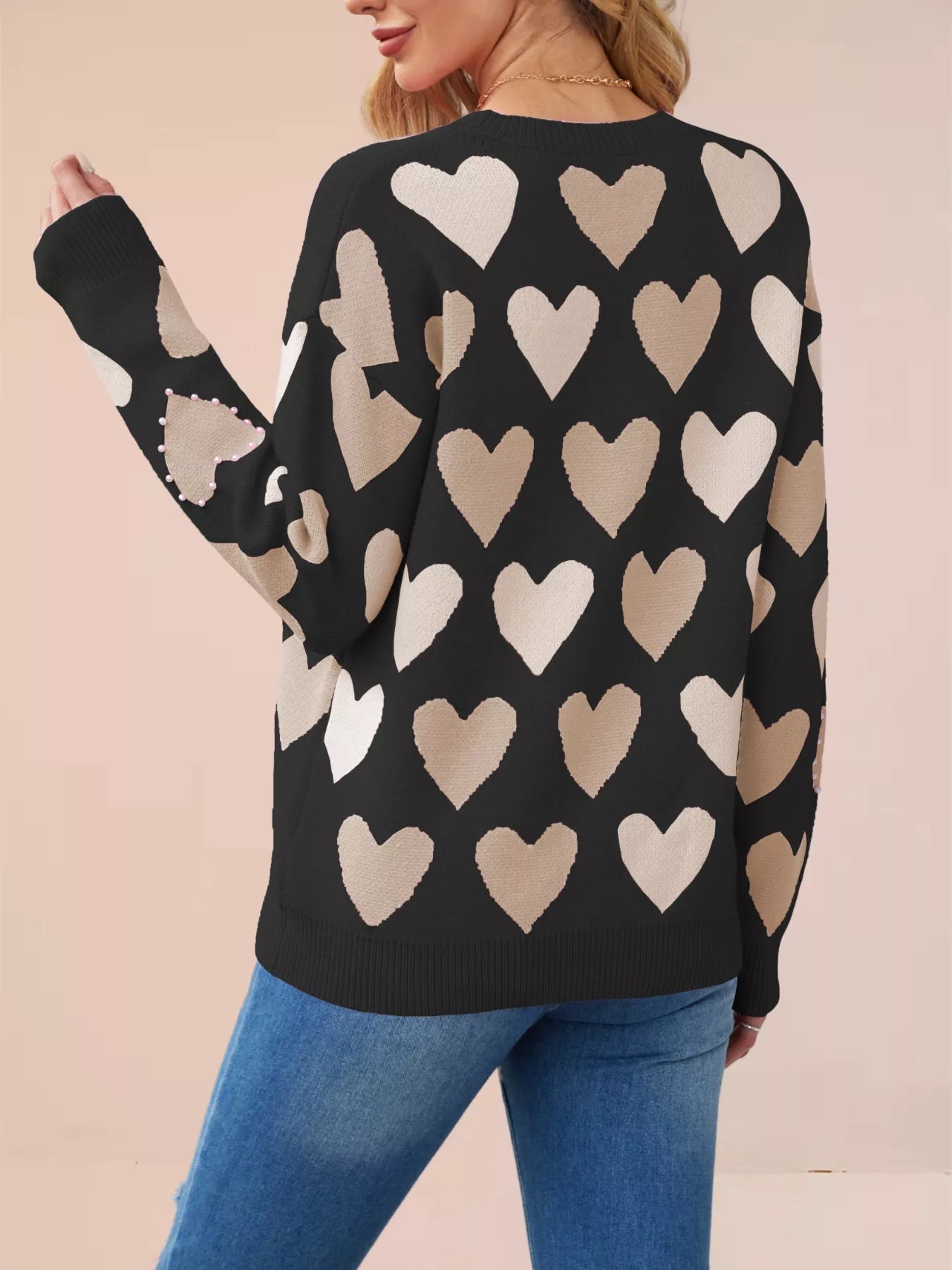 Heart Pattern Beaded Round Neck Sweater