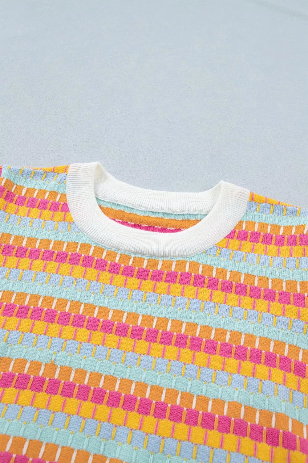 Abstract Striped Knit Short Sleeve Sweater
