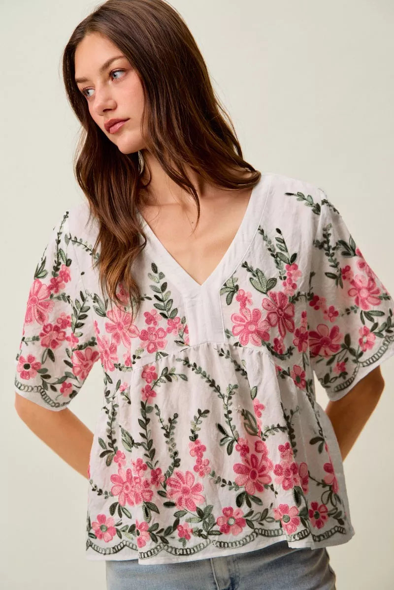 SO ME Floral Embroidered V Neck Boho Blouse Top