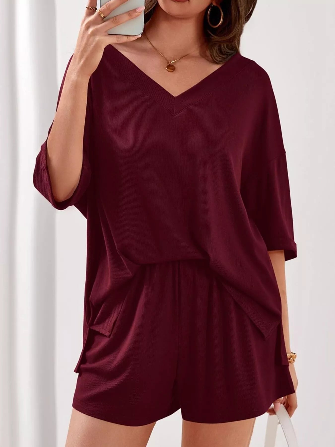 Casual Solid Color V-Neck Top & Shorts Set