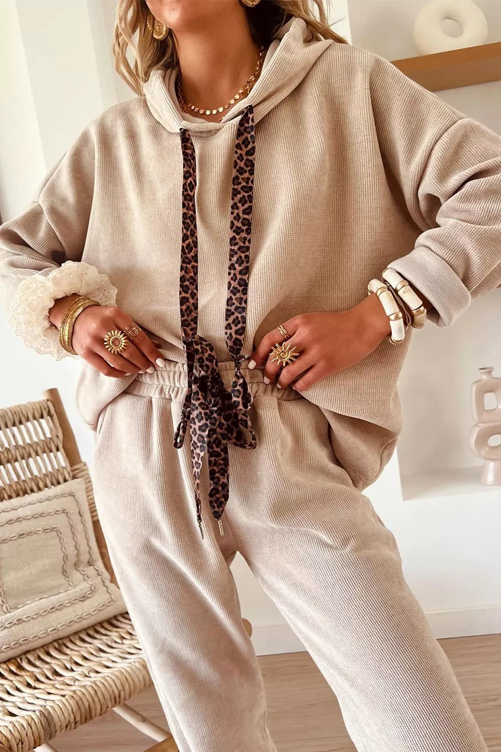 Leopard Drawstring Hoodie and Pants Set