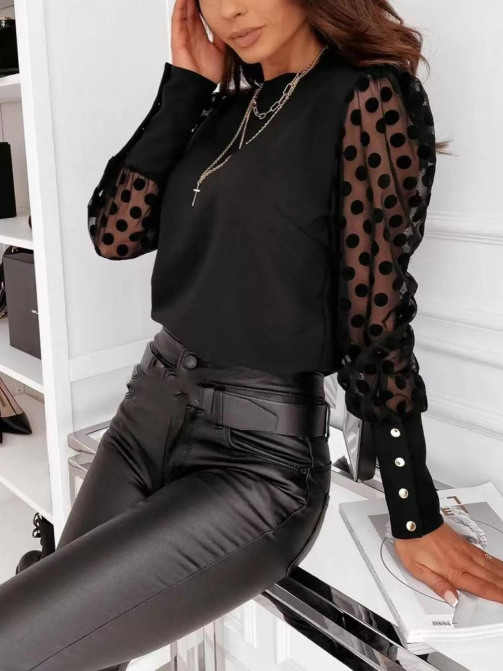 Polka Dot Mesh Sleeve Blouse