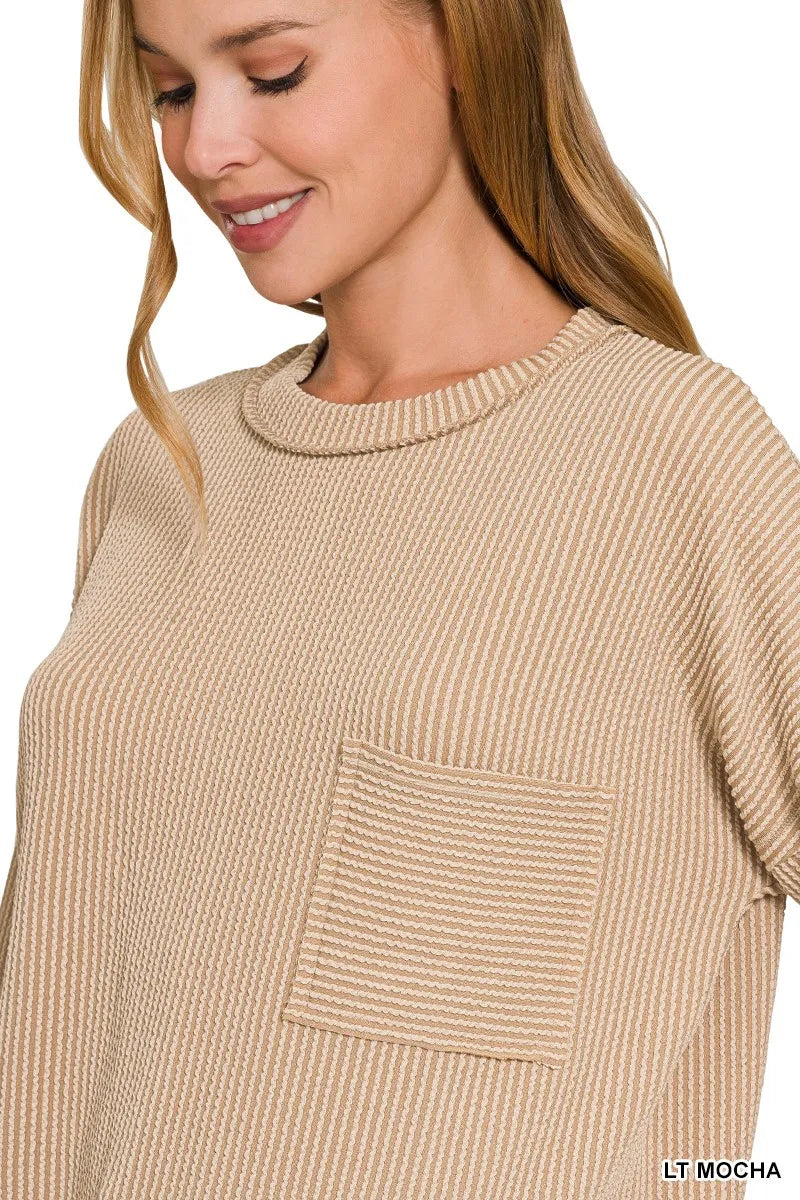 Zenana Long Sleeve Drop Shoulder Rib Top