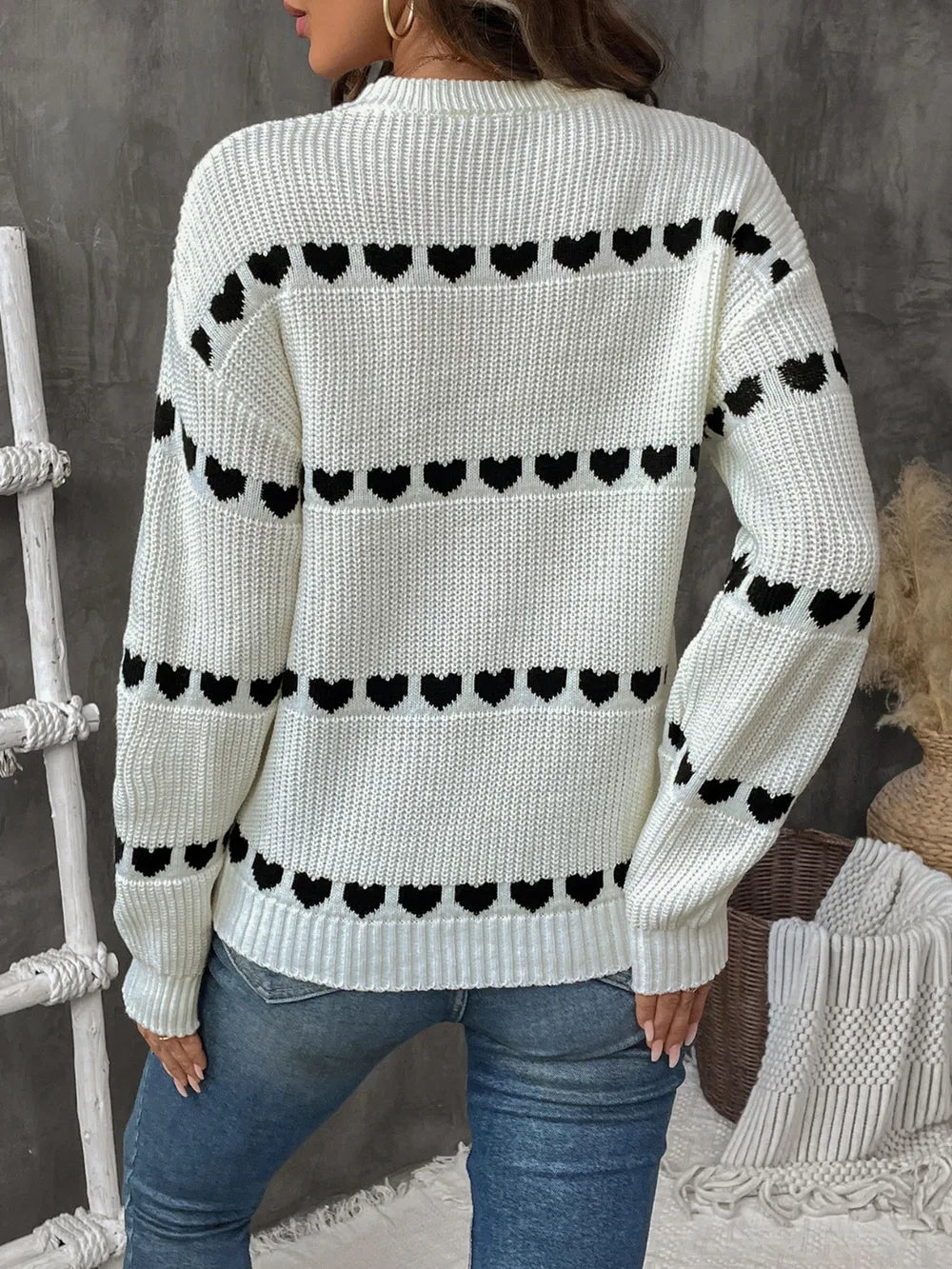 Perfee Heart Round Neck Long Sleeve Sweater