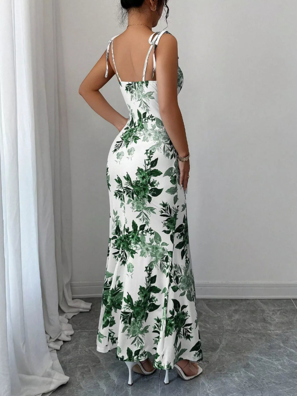 Printed Tie Strap Slit Maxi Dress