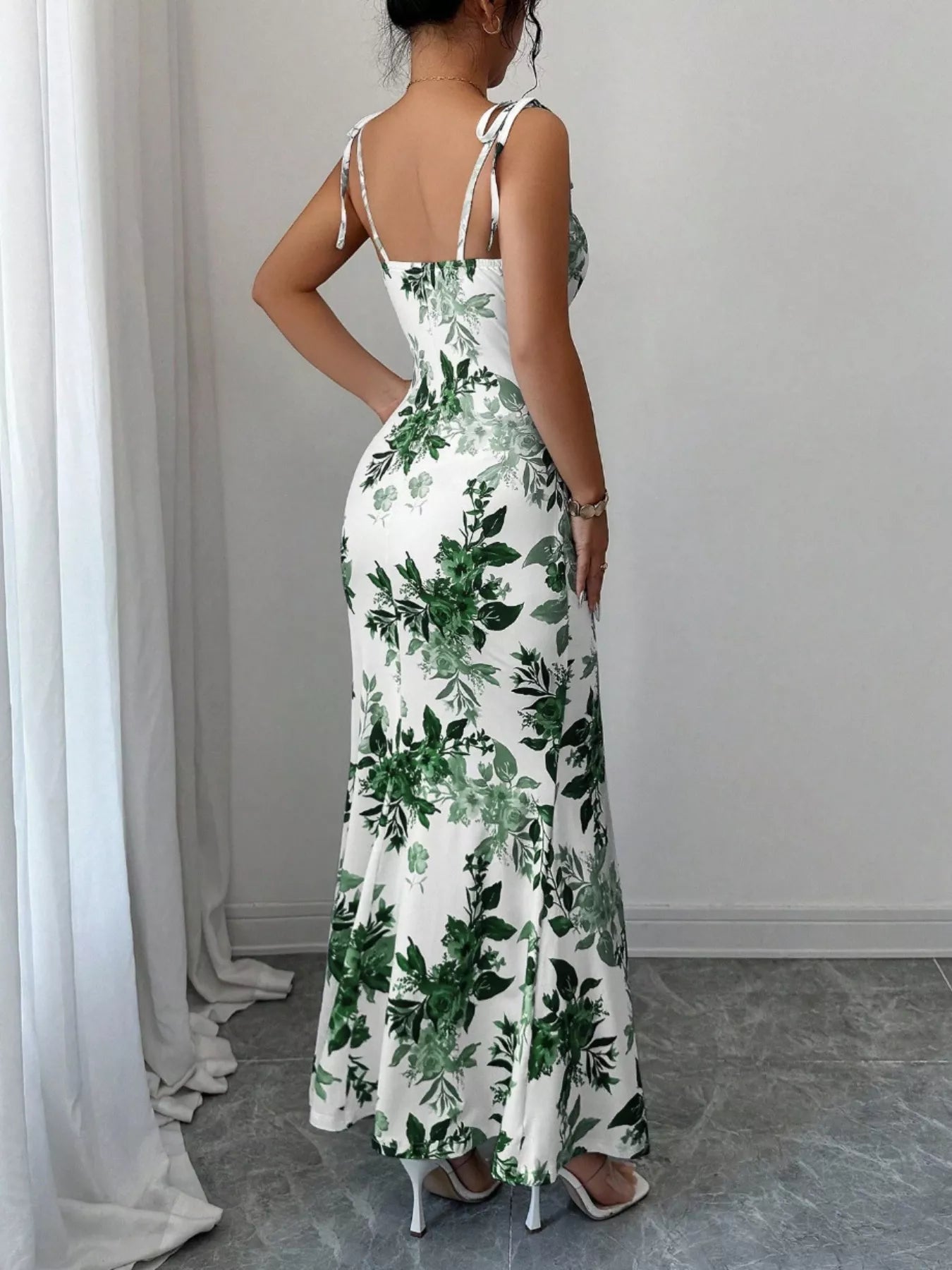 Printed Tie Strap Slit Maxi Dress
