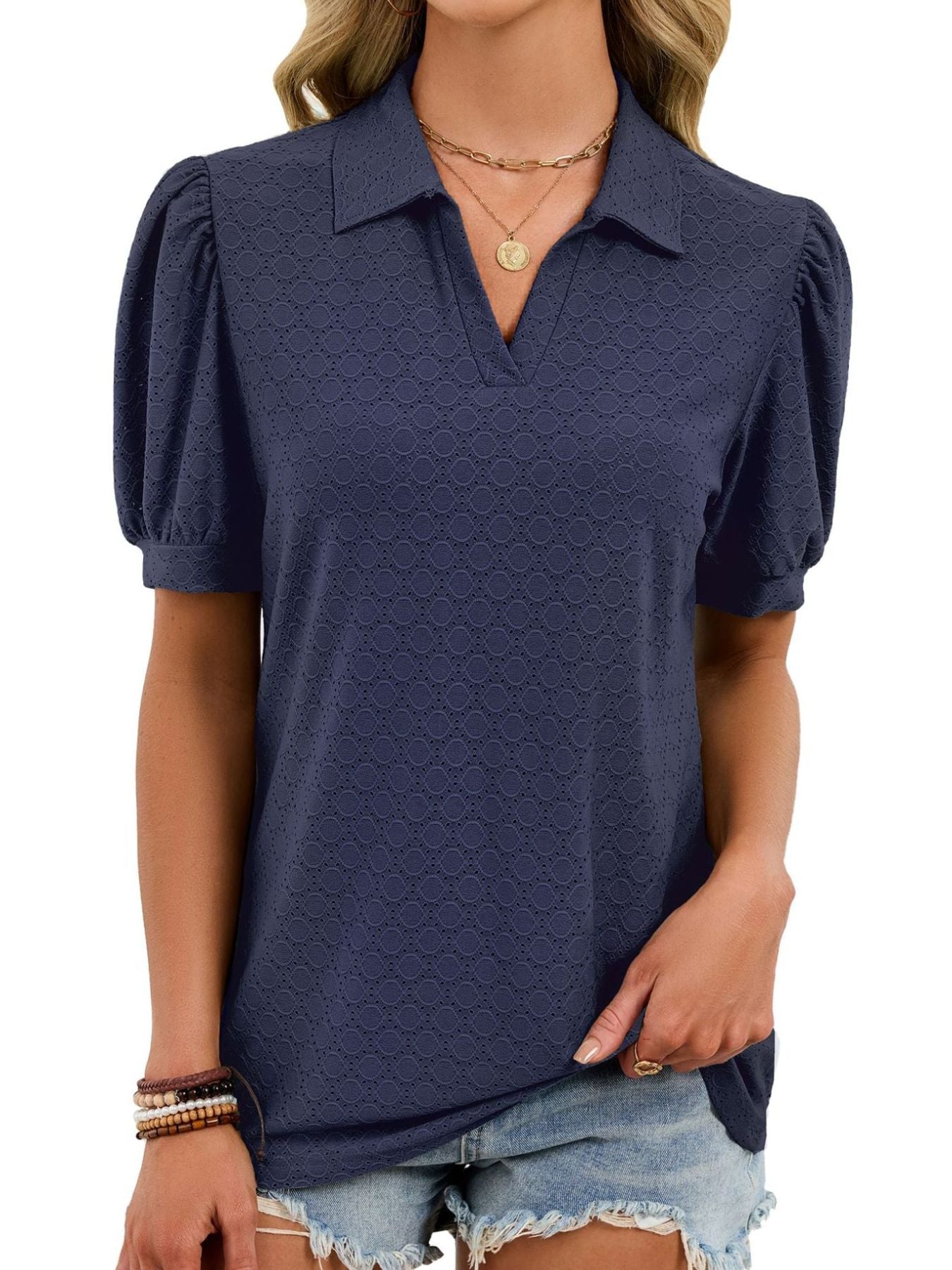 Eyelet Johnny Collar Puff Sleeve Top