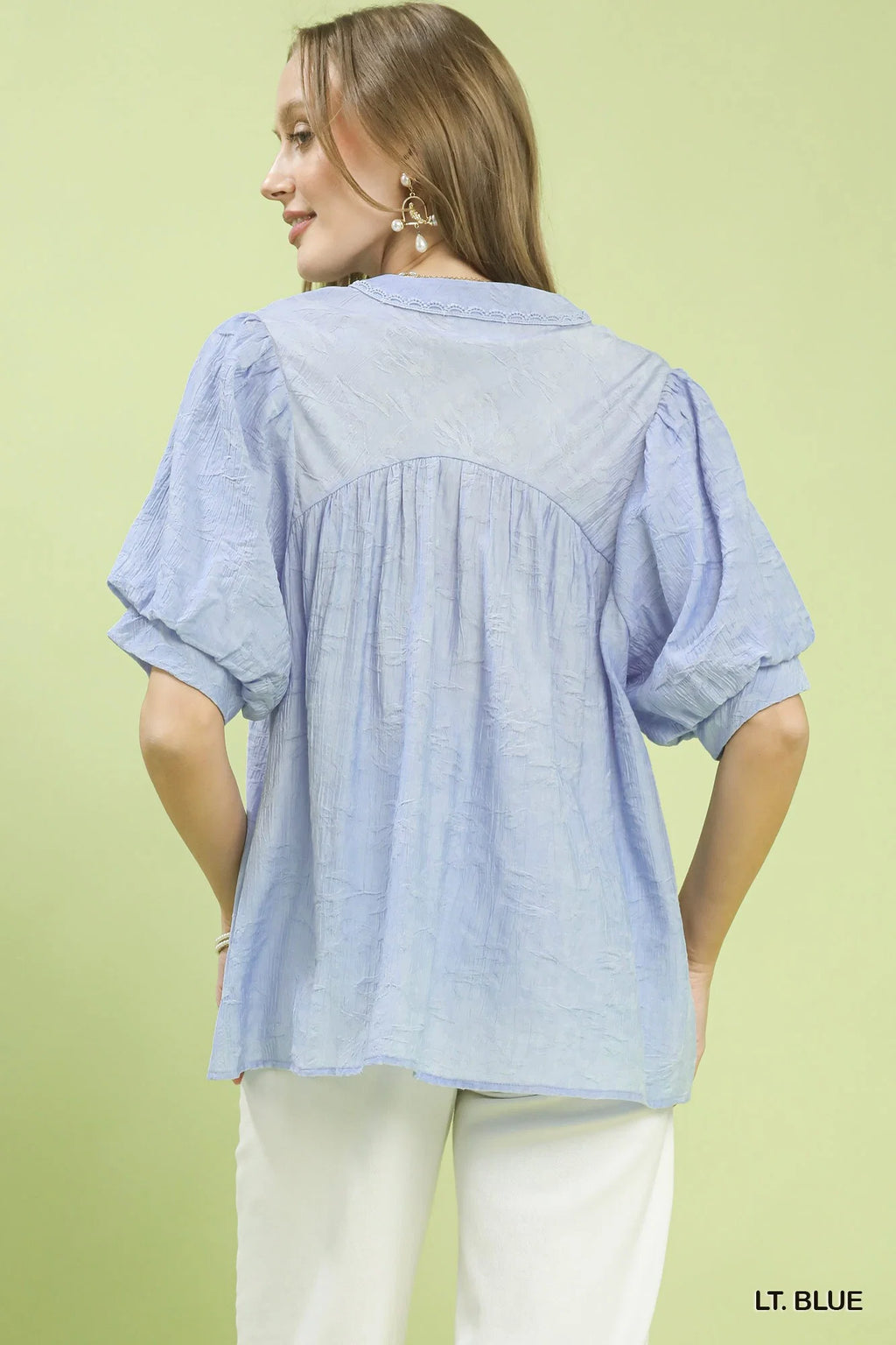 Umgee Textured Lace Trim V-Neck Boho Blouse