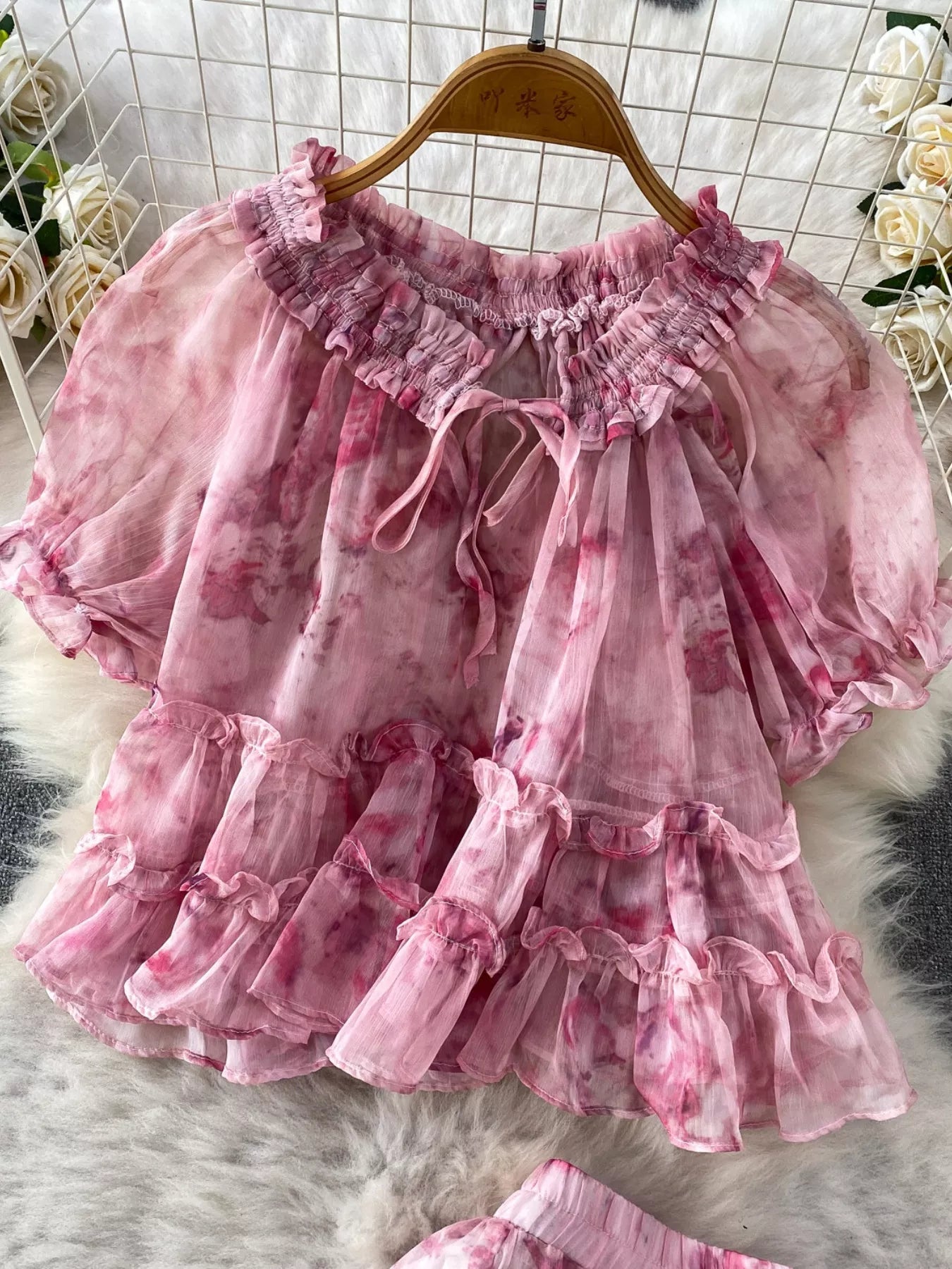Floral Print Ruffle Hem Blouse and Skirt Set