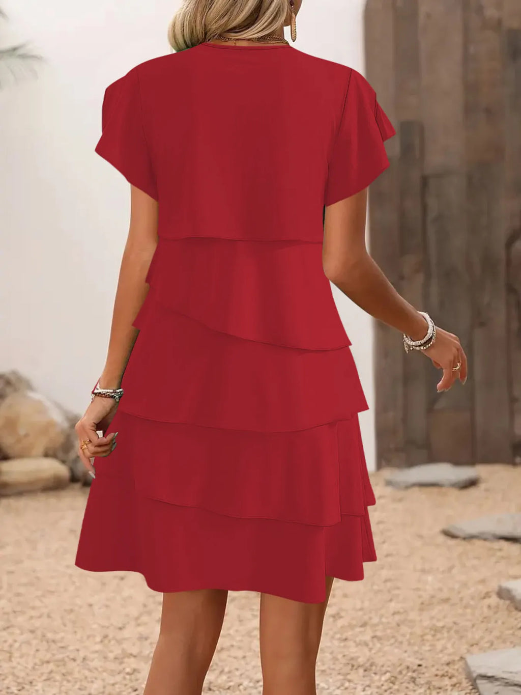 Casual Layered Round Neck Ruffled Sleeve Dress