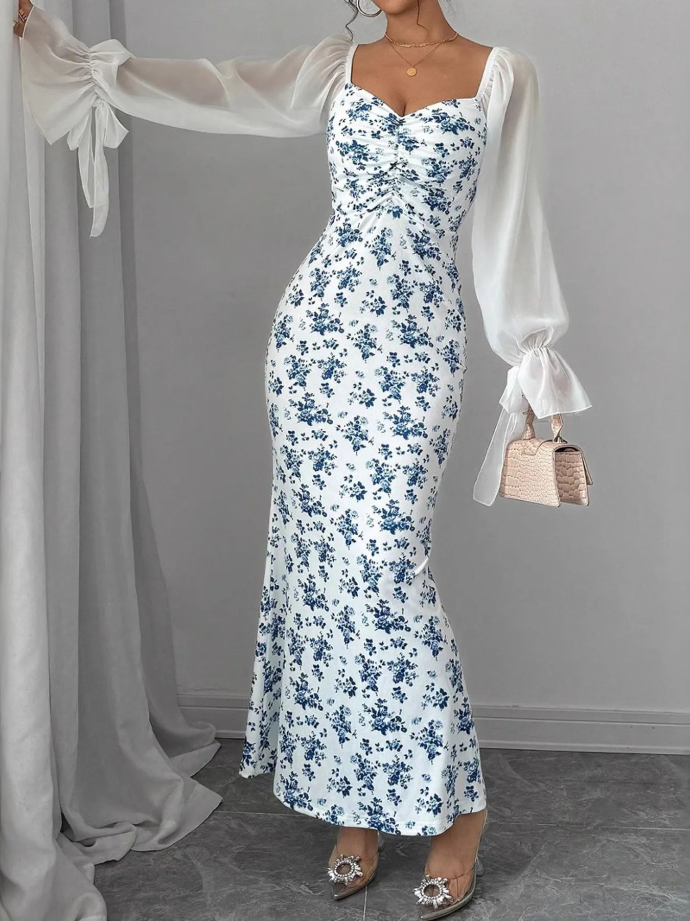 Floral Print Sweetheart Neckline Maxi Dress