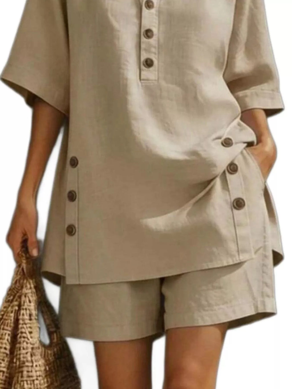 Full Size Casual Linen Button-Down Shirt & Shorts Set Plus Size