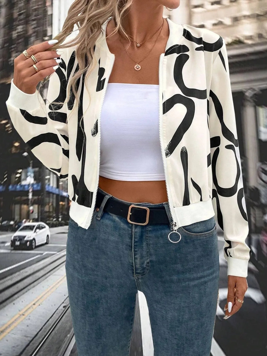 Number Print Zip Up Jacket