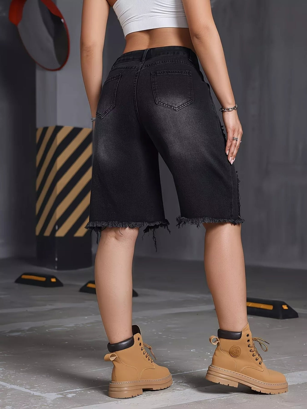 Distressed High Waist Denim Shorts