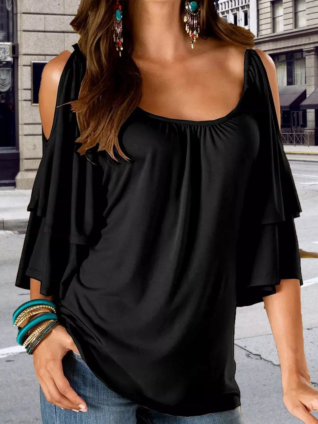 Cold Shoulder Ruffle Sleeve T-Shirt