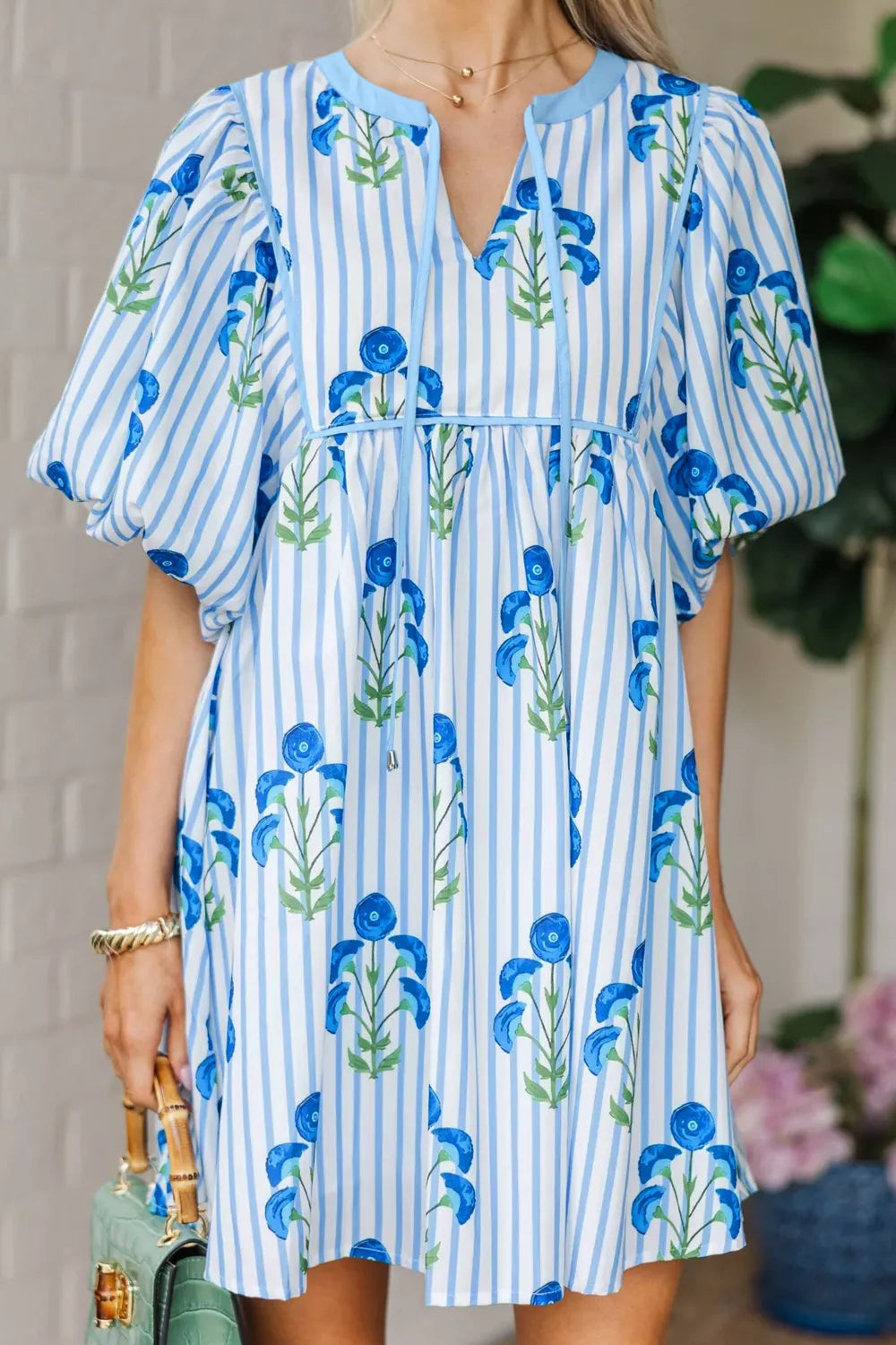 Floral Striped Print Tie Notched Neck Puff Sleeve Flared Mini Dress