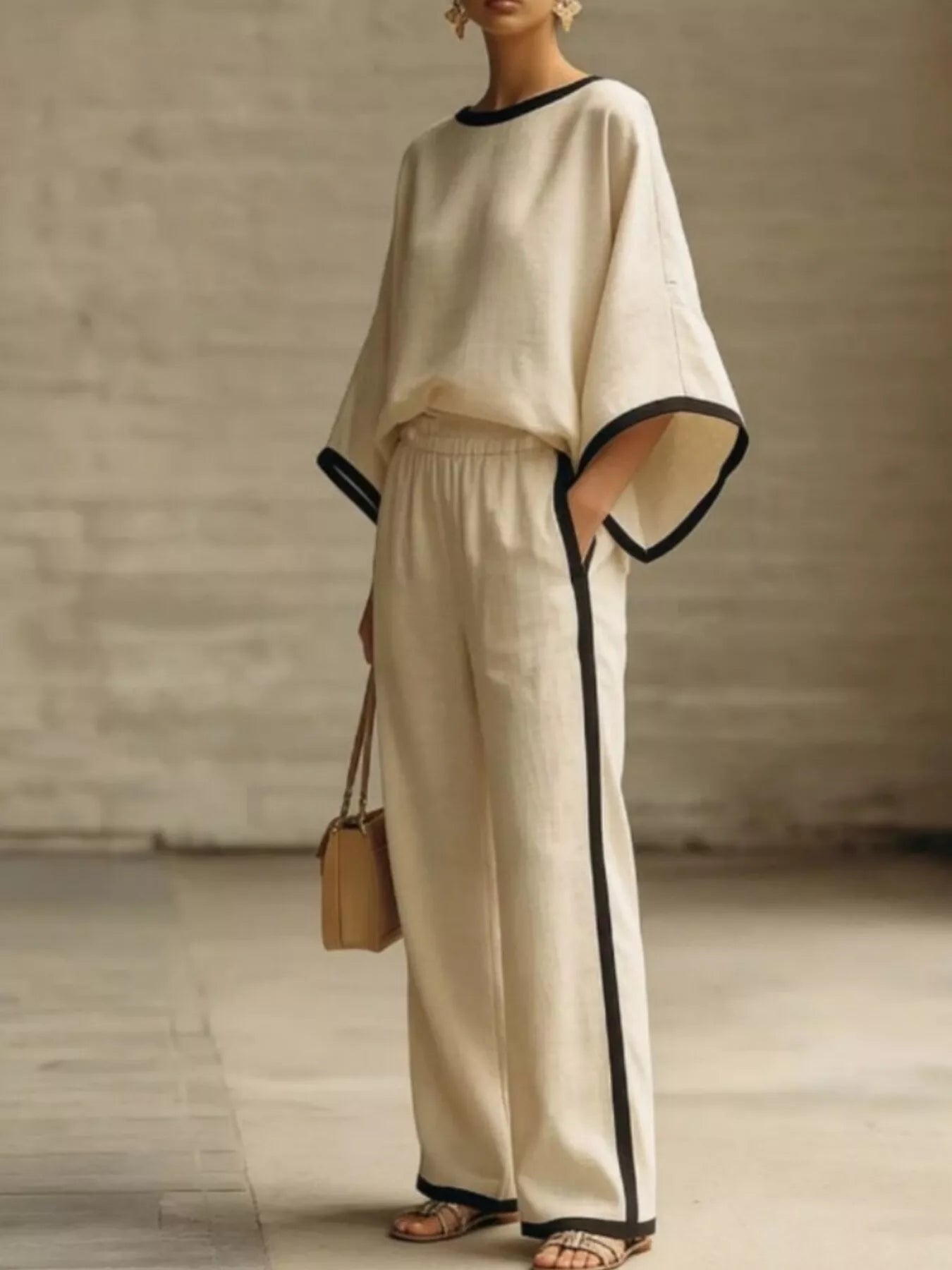 Full Size Contrast Trim Top and Wide-Leg Pants Set Plus Size