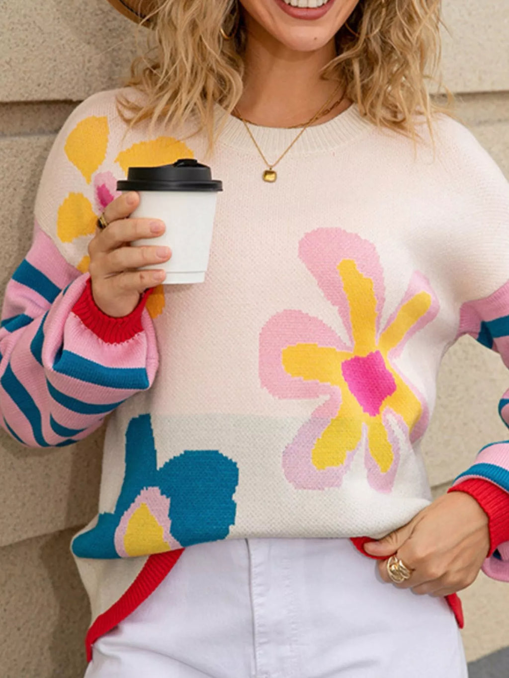 Floral Striped Crew Neck Sweater