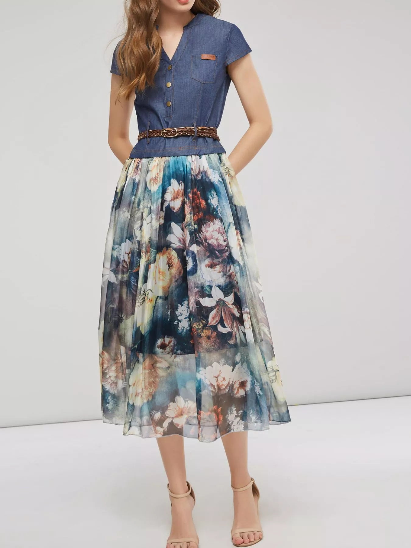 Full Size Patchwork Floral Print Chiffon Dress Plus Size