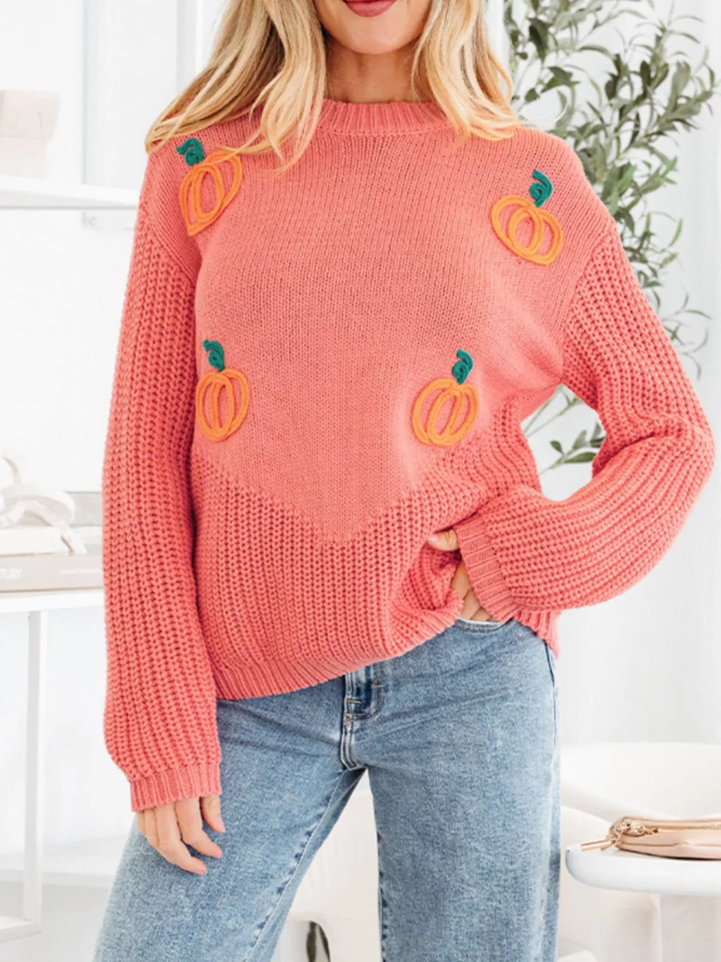 Pumpkin Embroidered Thanksgiving Holiday Sweater