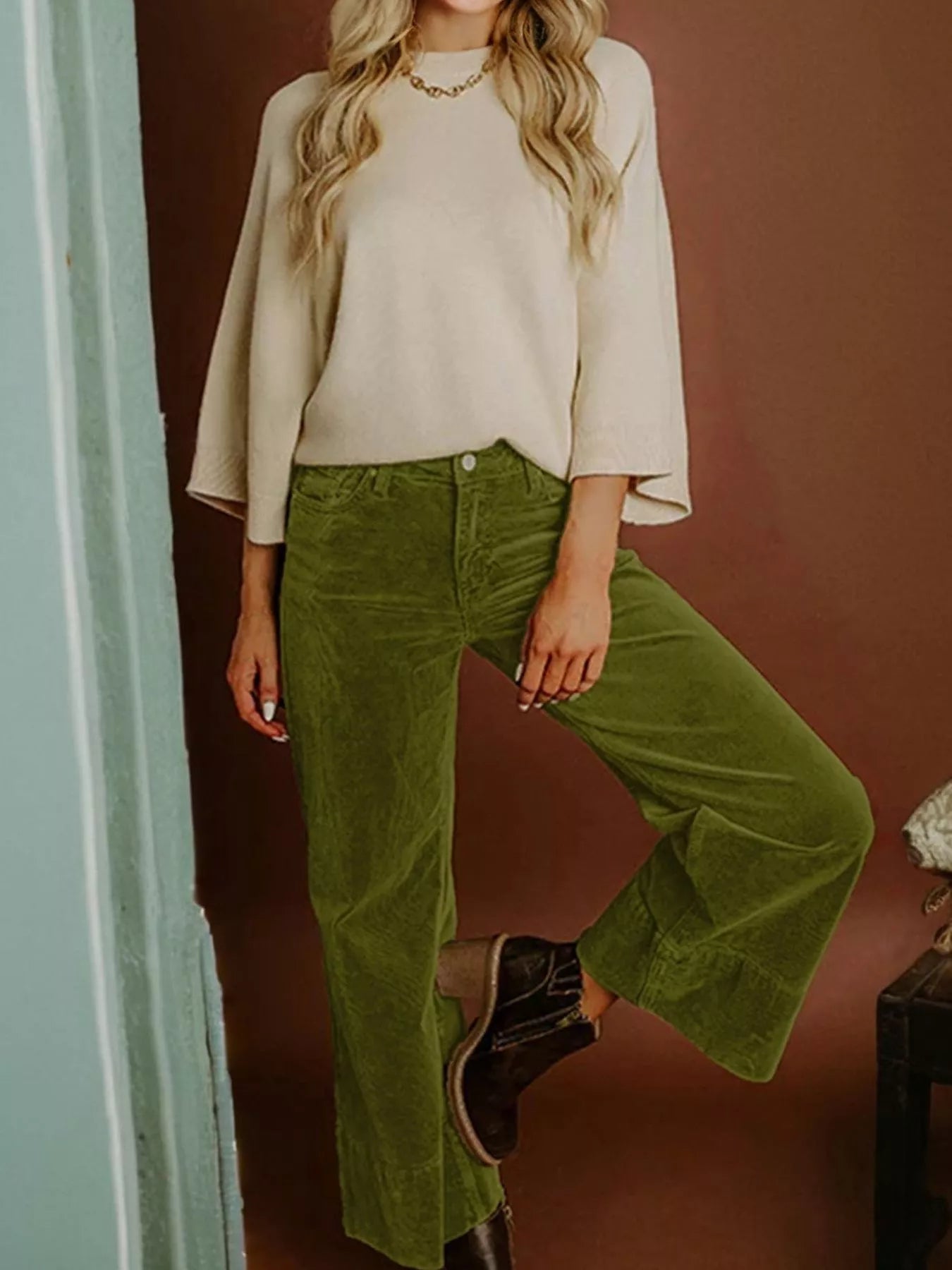 Corduroy Solid Color High Waist Wide Leg Pants
