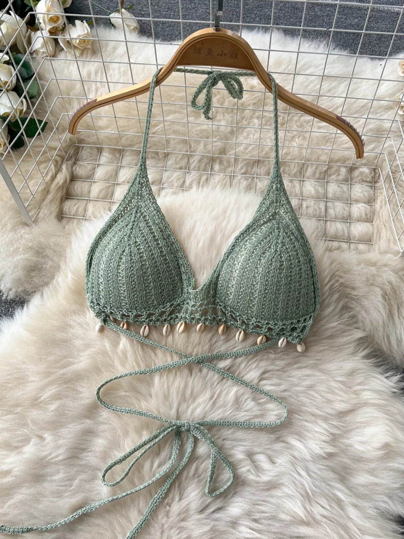 Crochet Knit Halter Neck Top and Wide Leg Pants Set